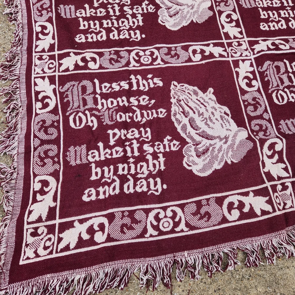 Vintage Tapestry Throw Blanket Fringe Religious Praying Hands Bless This House